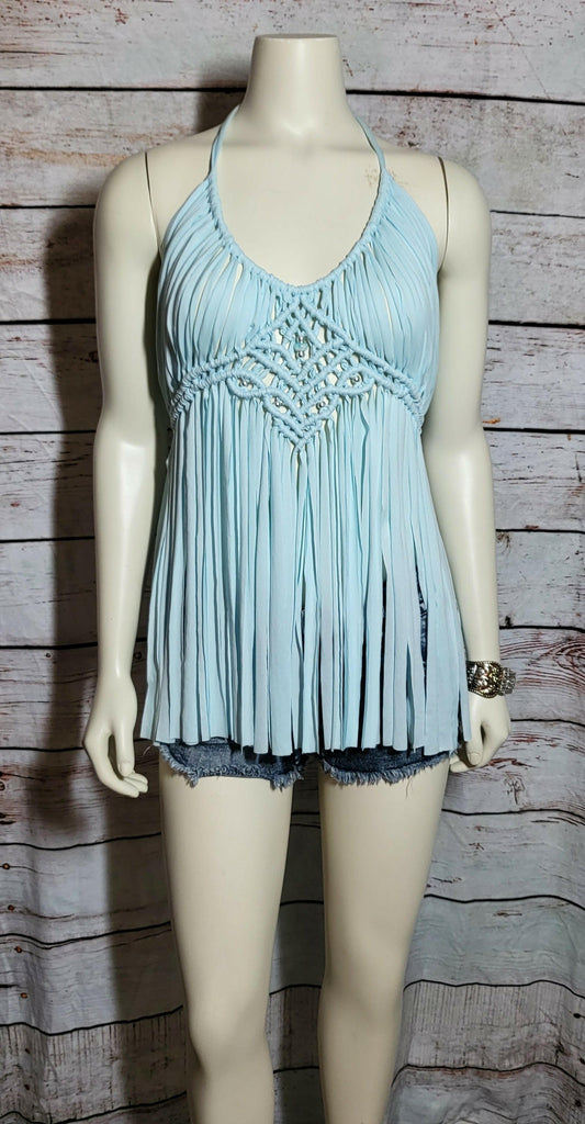 Light blue cotton beach festival macramé tunic top
