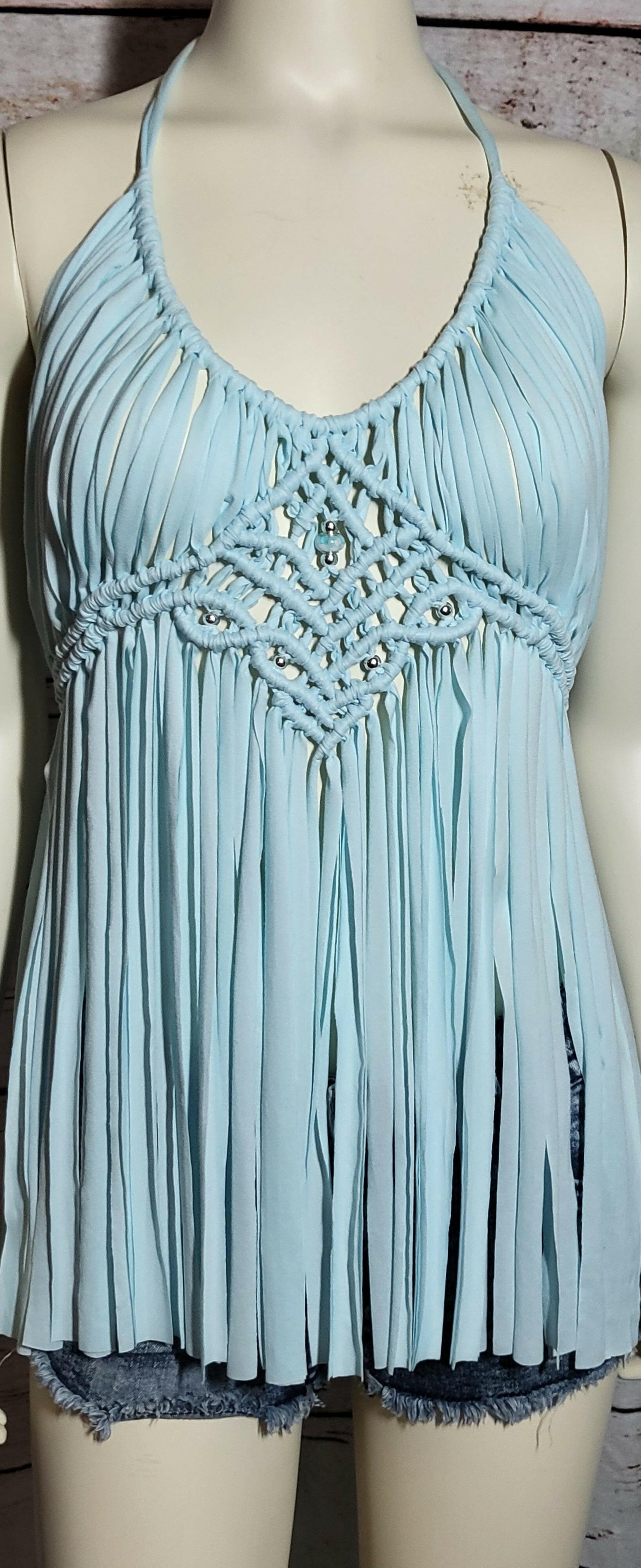 Light blue cotton beach festival macramé tunic top