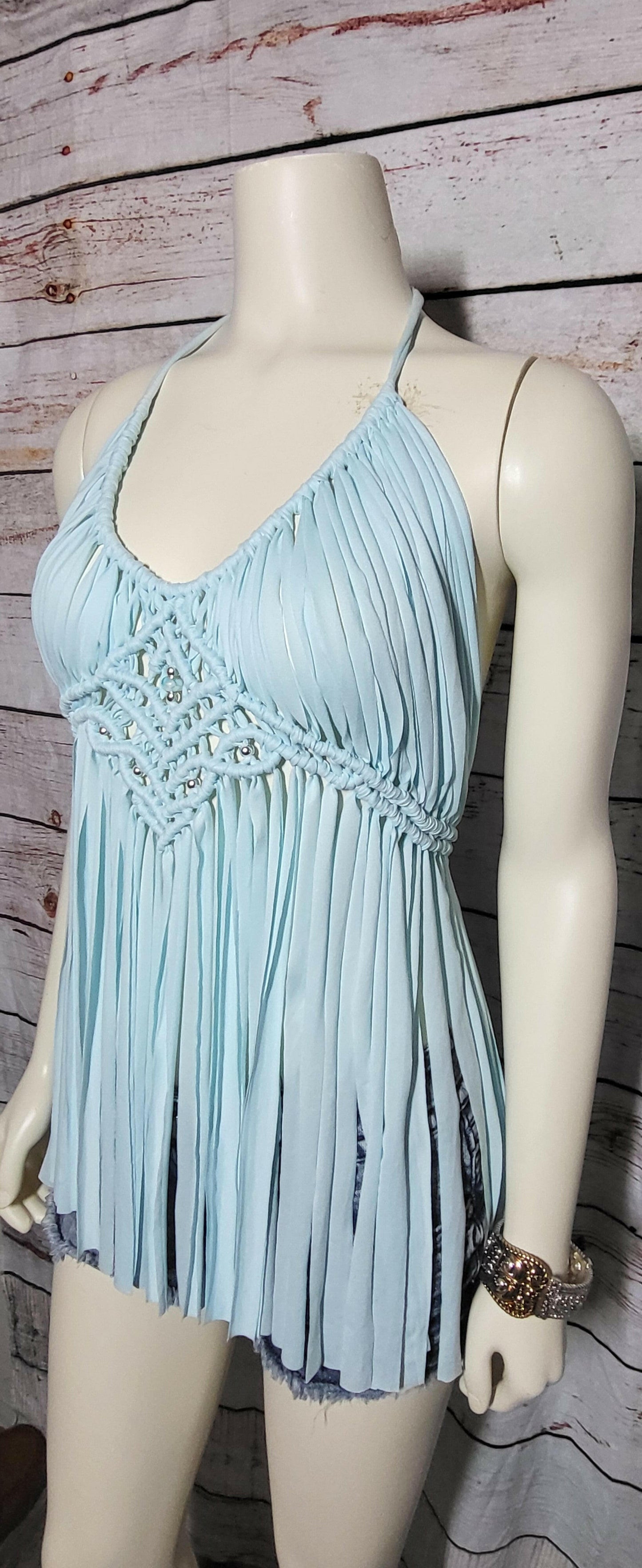Light blue cotton beach festival macramé tunic top