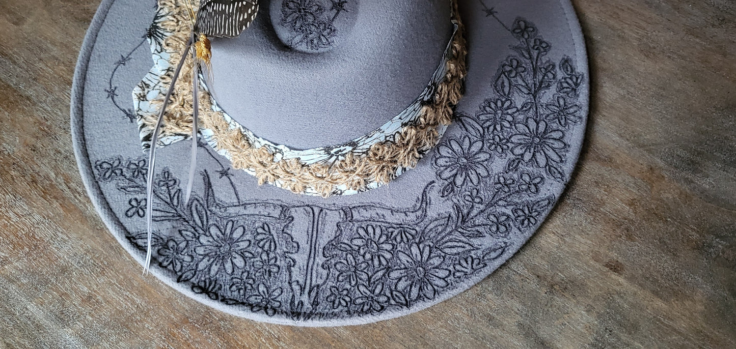 "Stormy" burned felt fedora cowboy hat