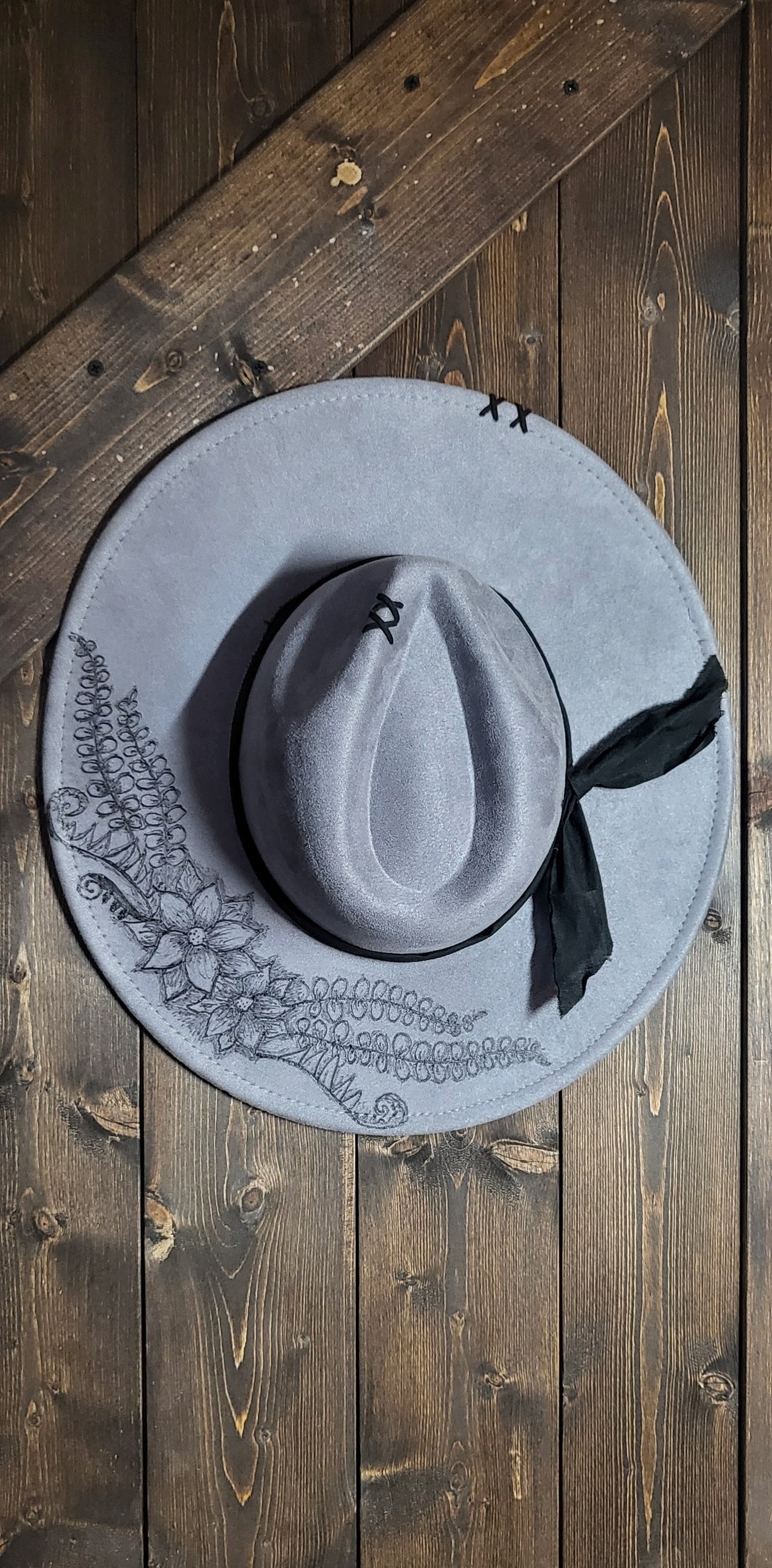 Fedora-Style Cowboy Hat Hand Burned With Floral Pattern