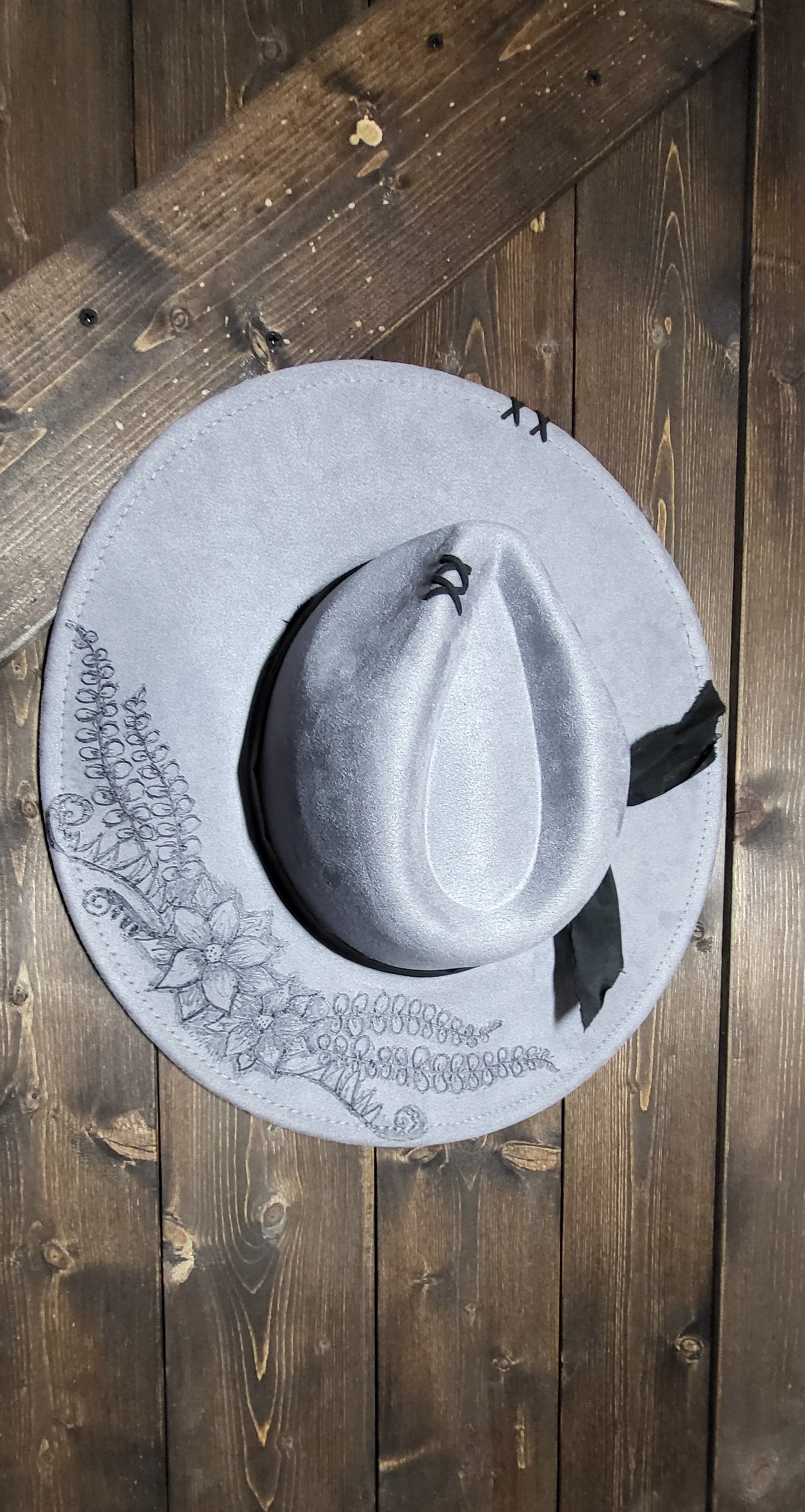 Fedora-Style Cowboy Hat Hand Burned With Floral Pattern