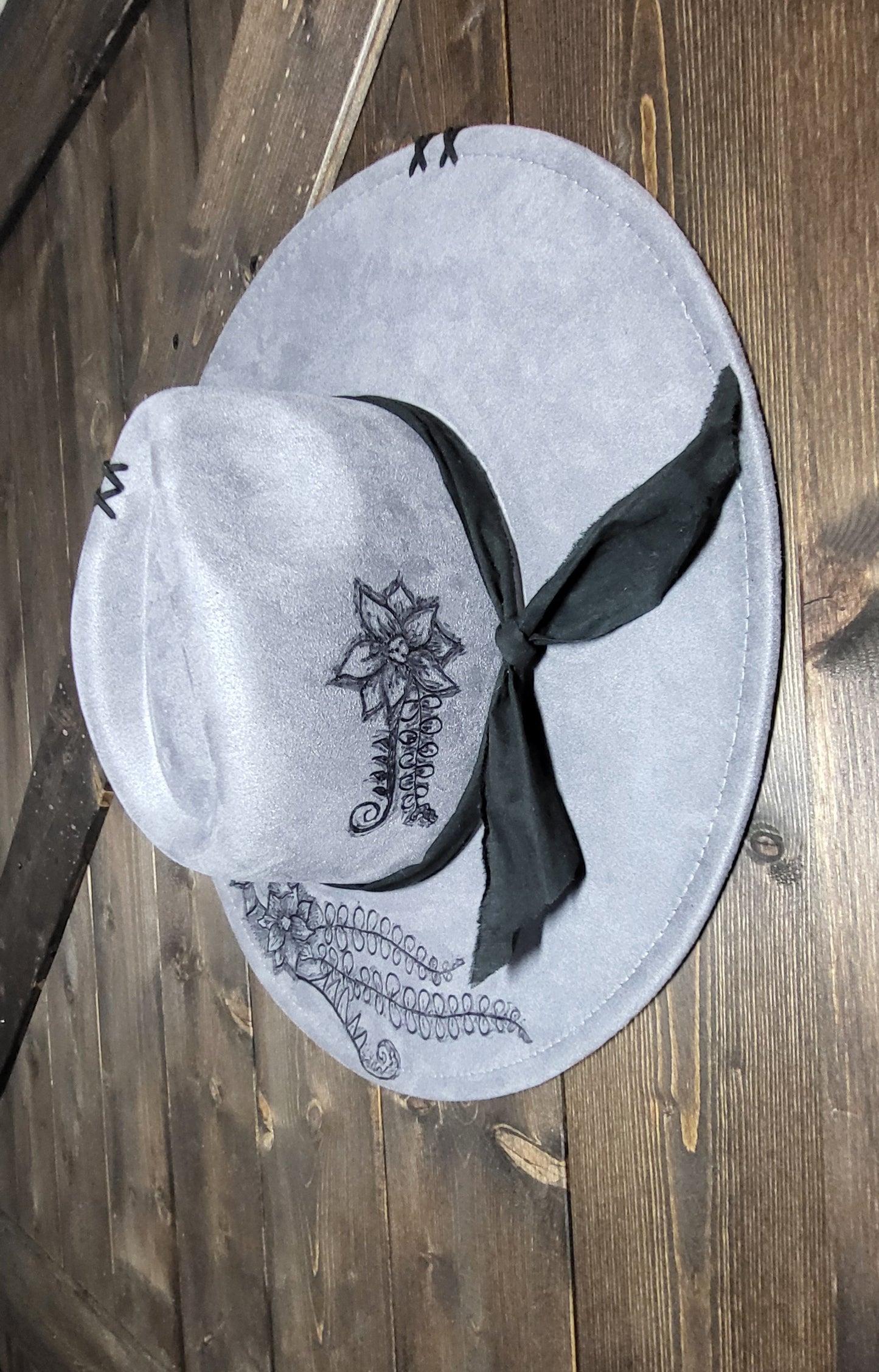 Fedora-Style Cowboy Hat Hand Burned With Floral Pattern