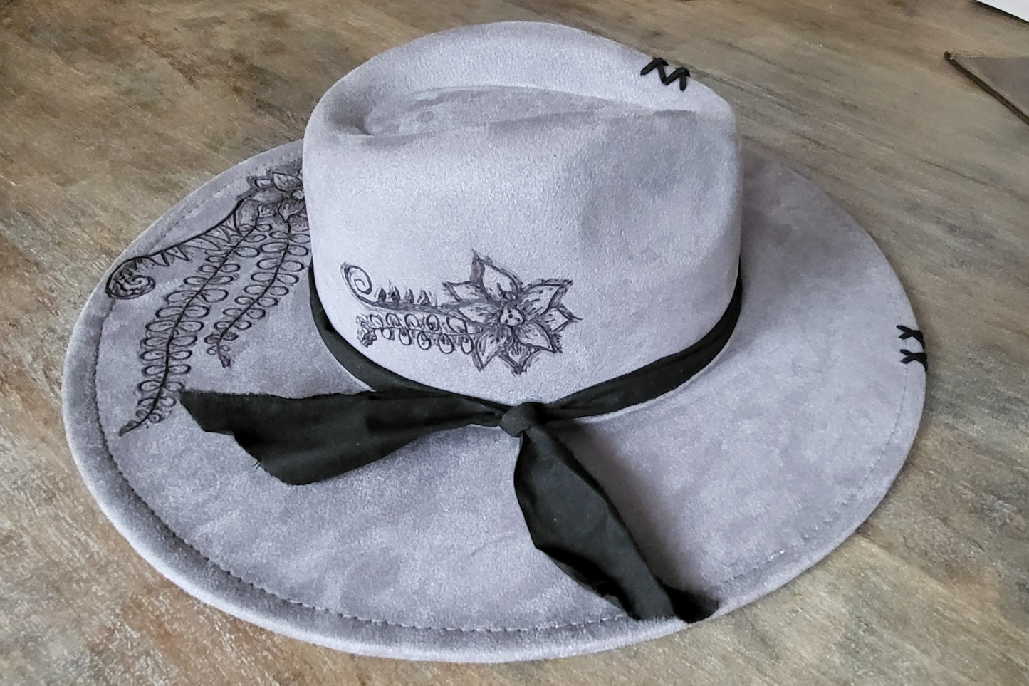 Fedora-Style Cowboy Hat Hand Burned With Floral Pattern
