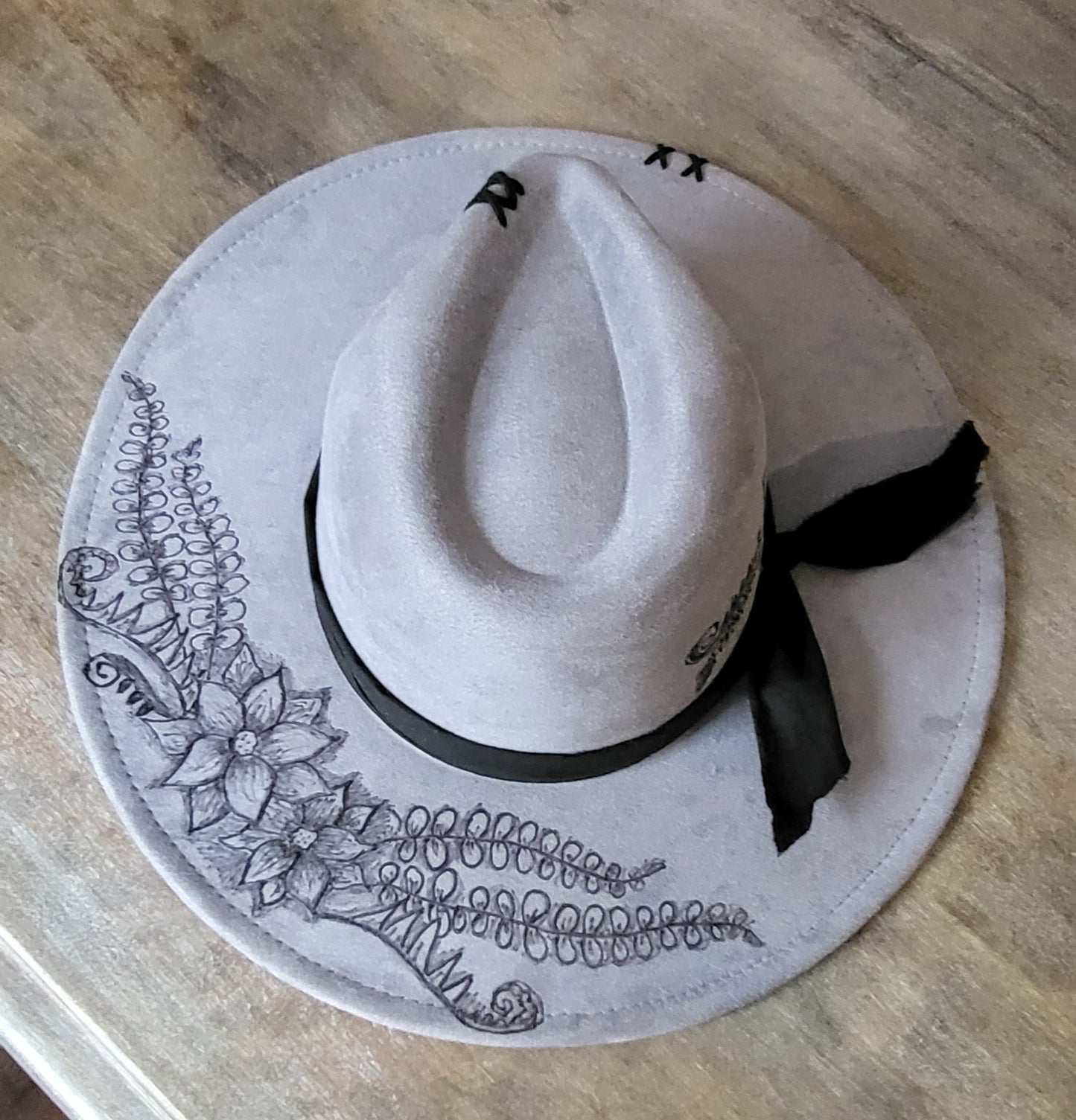 Fedora-Style Cowboy Hat Hand Burned With Floral Pattern