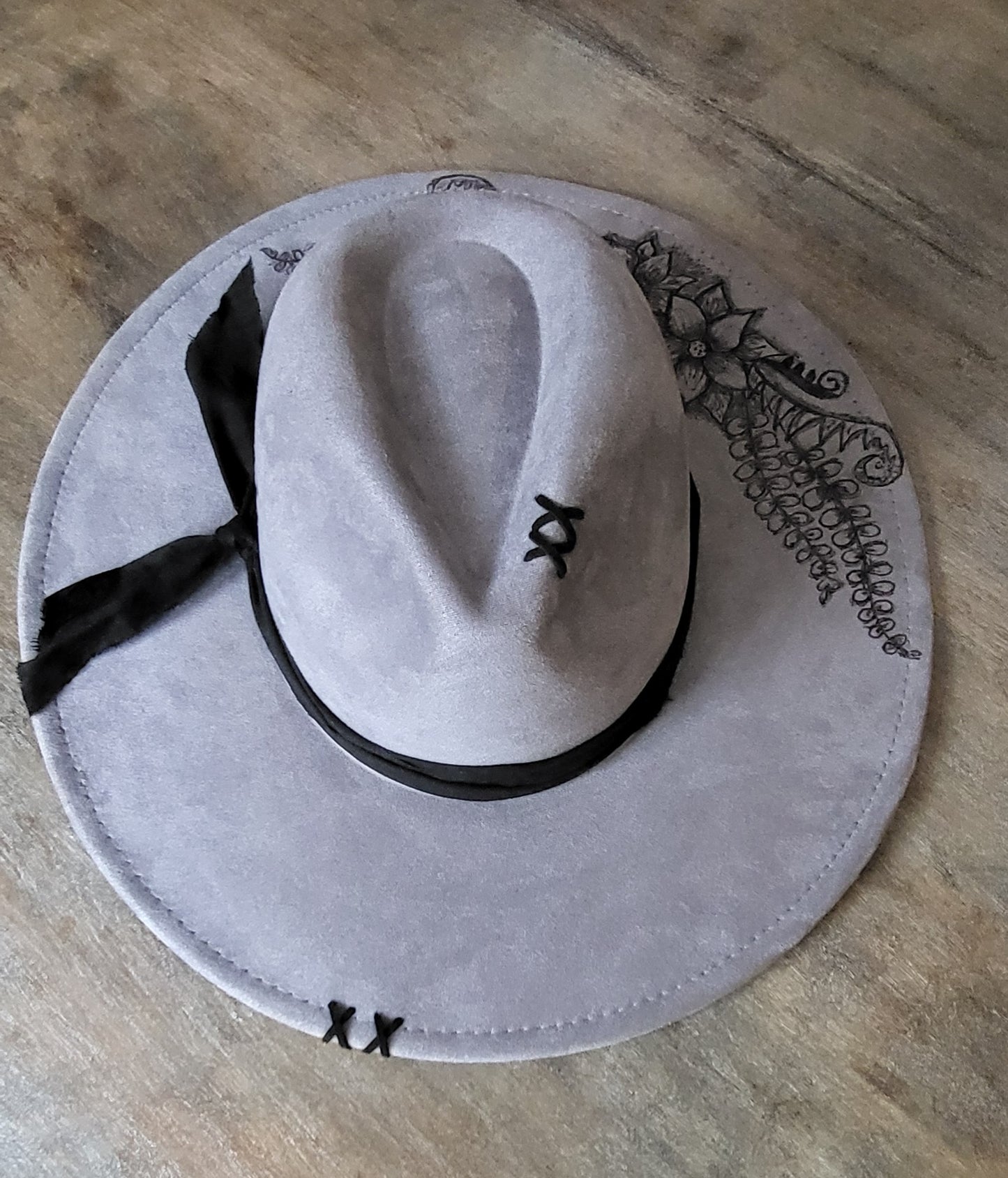 Fedora-Style Cowboy Hat Hand Burned With Floral Pattern