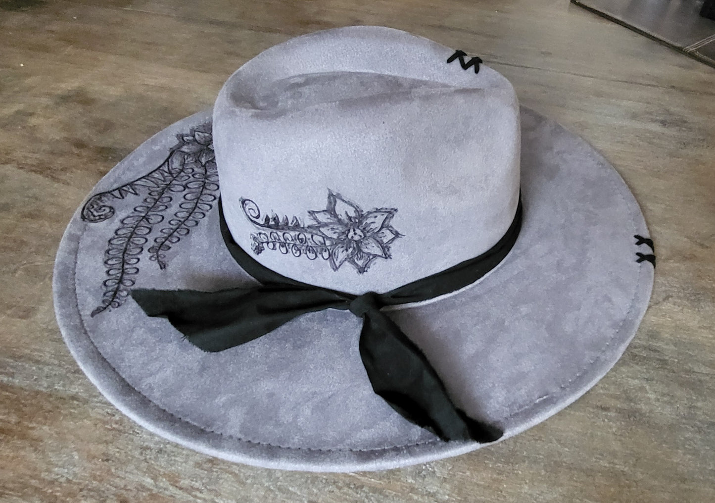 Fedora-Style Cowboy Hat Hand Burned With Floral Pattern