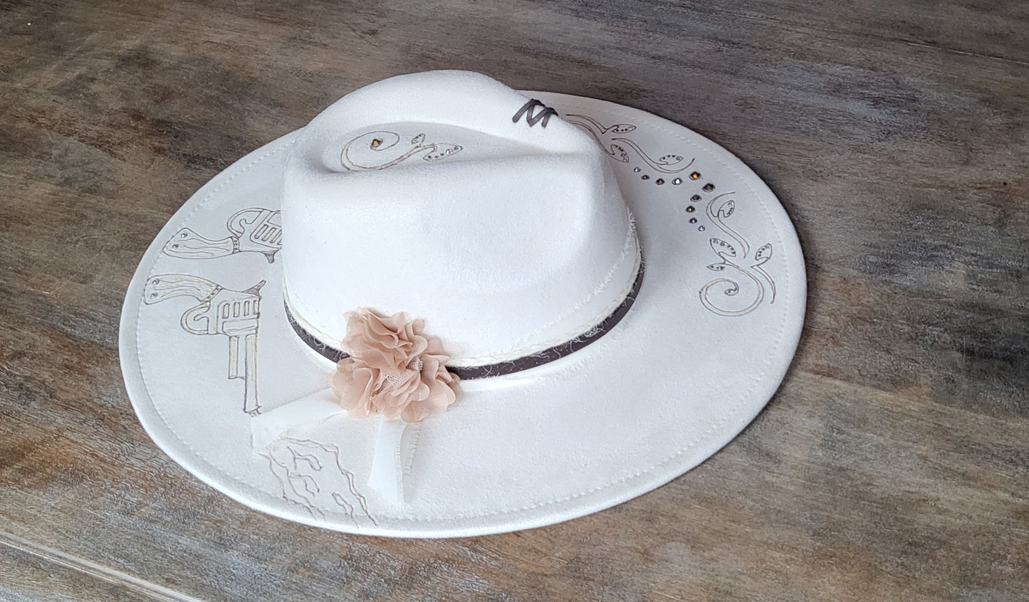 Fedora-Style Cowboy Hat Hand Burned With Guns