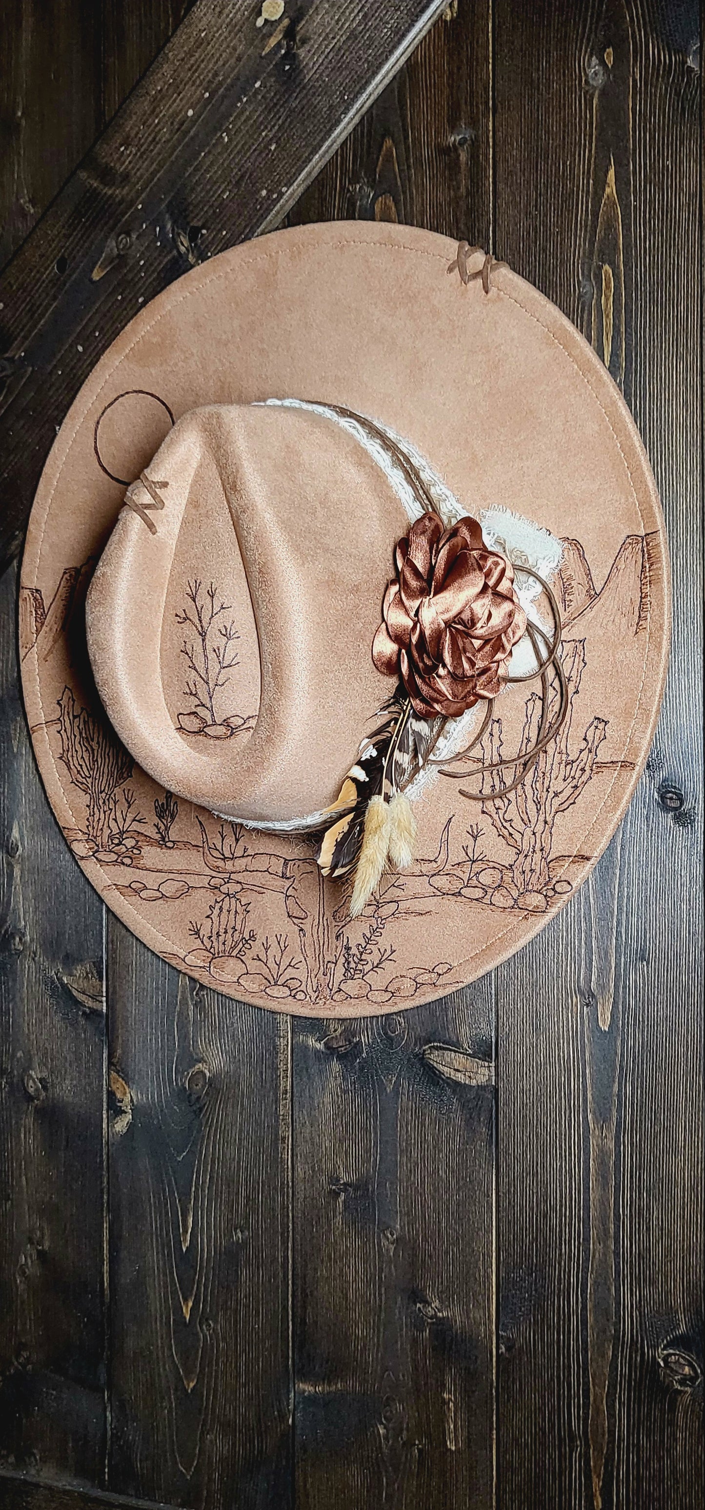 "Raven," faux suede burned fedora