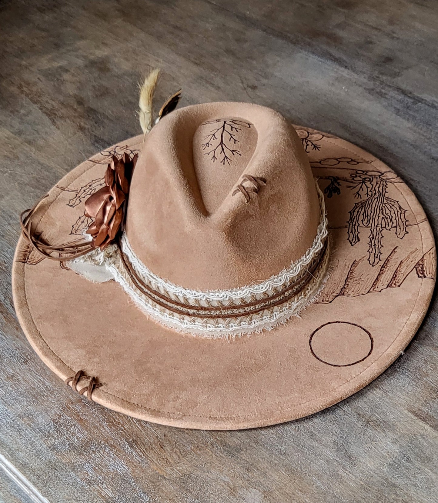 "Raven," faux suede burned fedora
