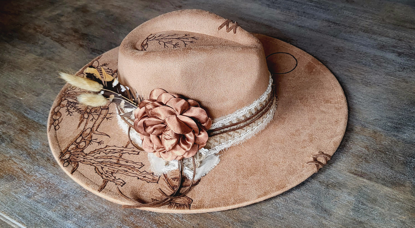 "Raven," faux suede burned fedora