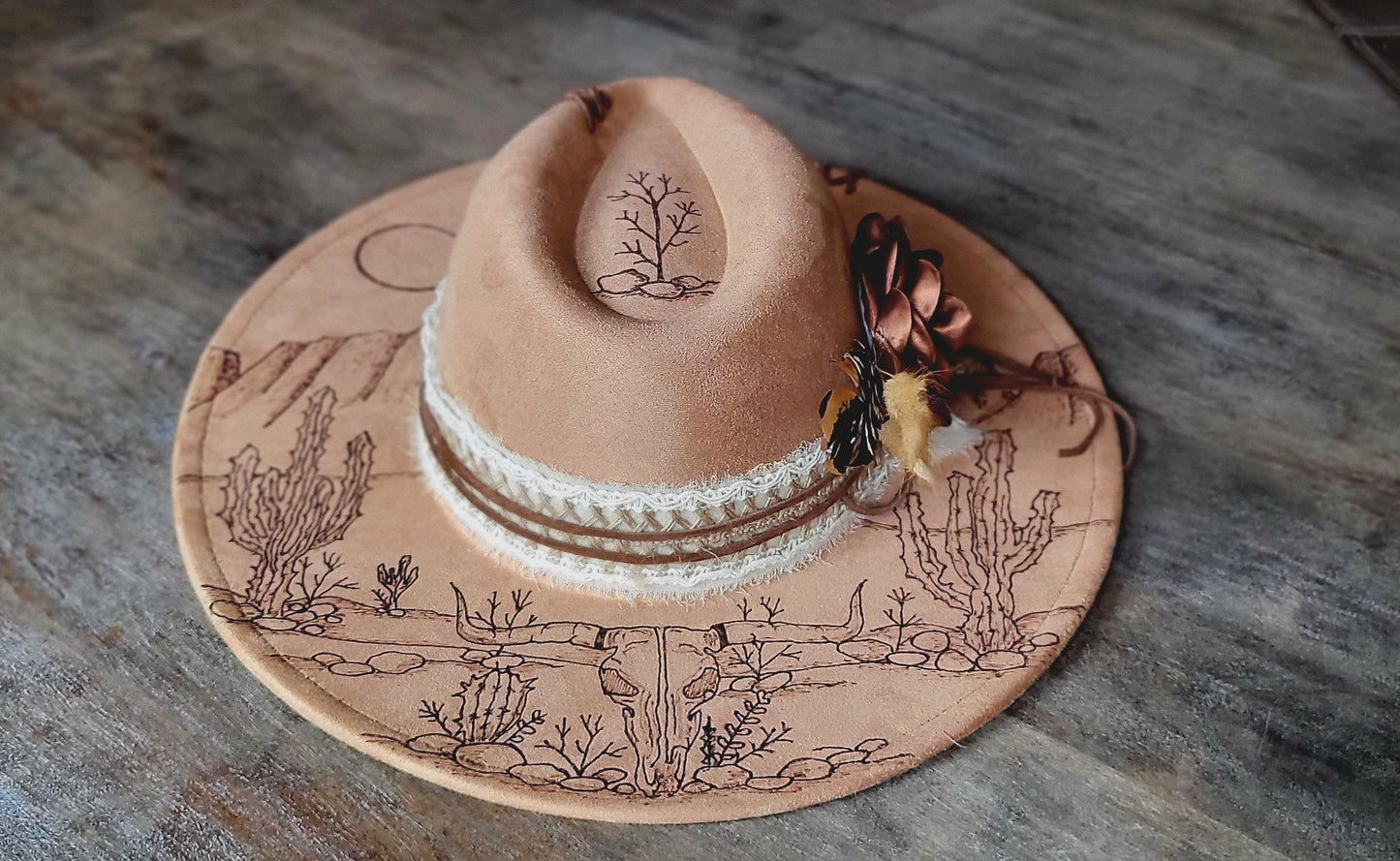 "Raven," faux suede burned fedora