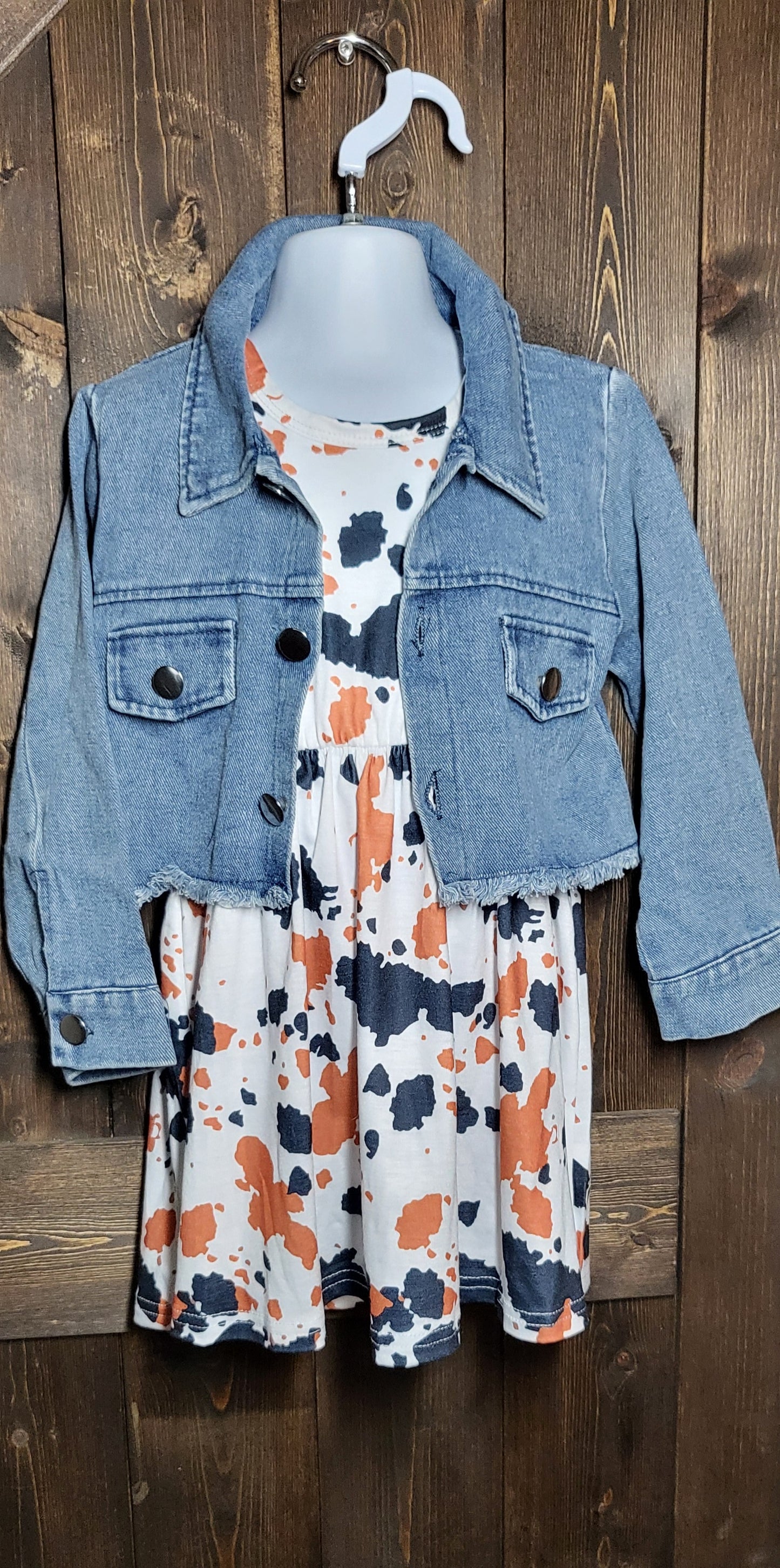 Girls dress in cowprint, sunflower, or watermelon and cropped jean jacket