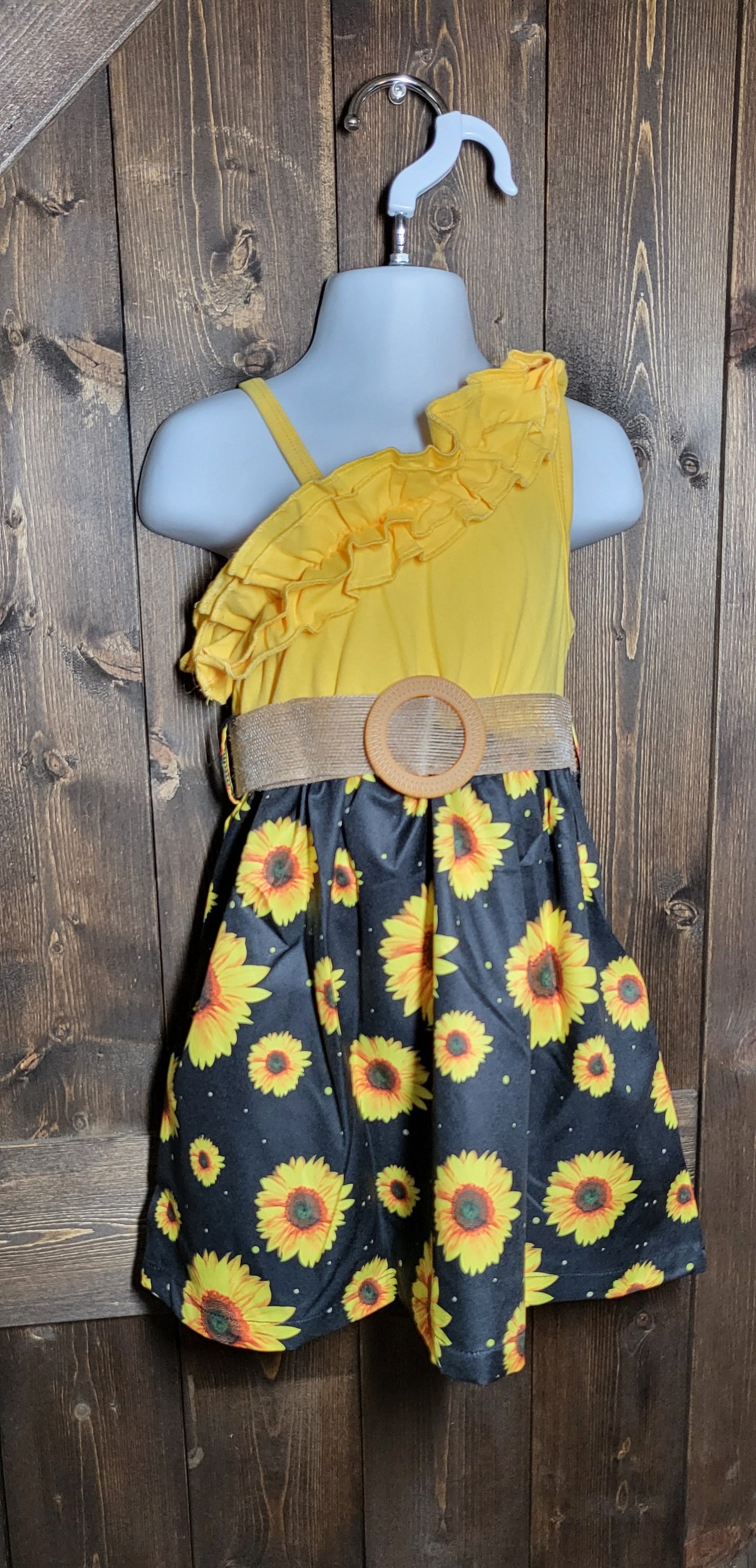 Girls dress in cowprint, sunflower, or watermelon and cropped jean jacket
