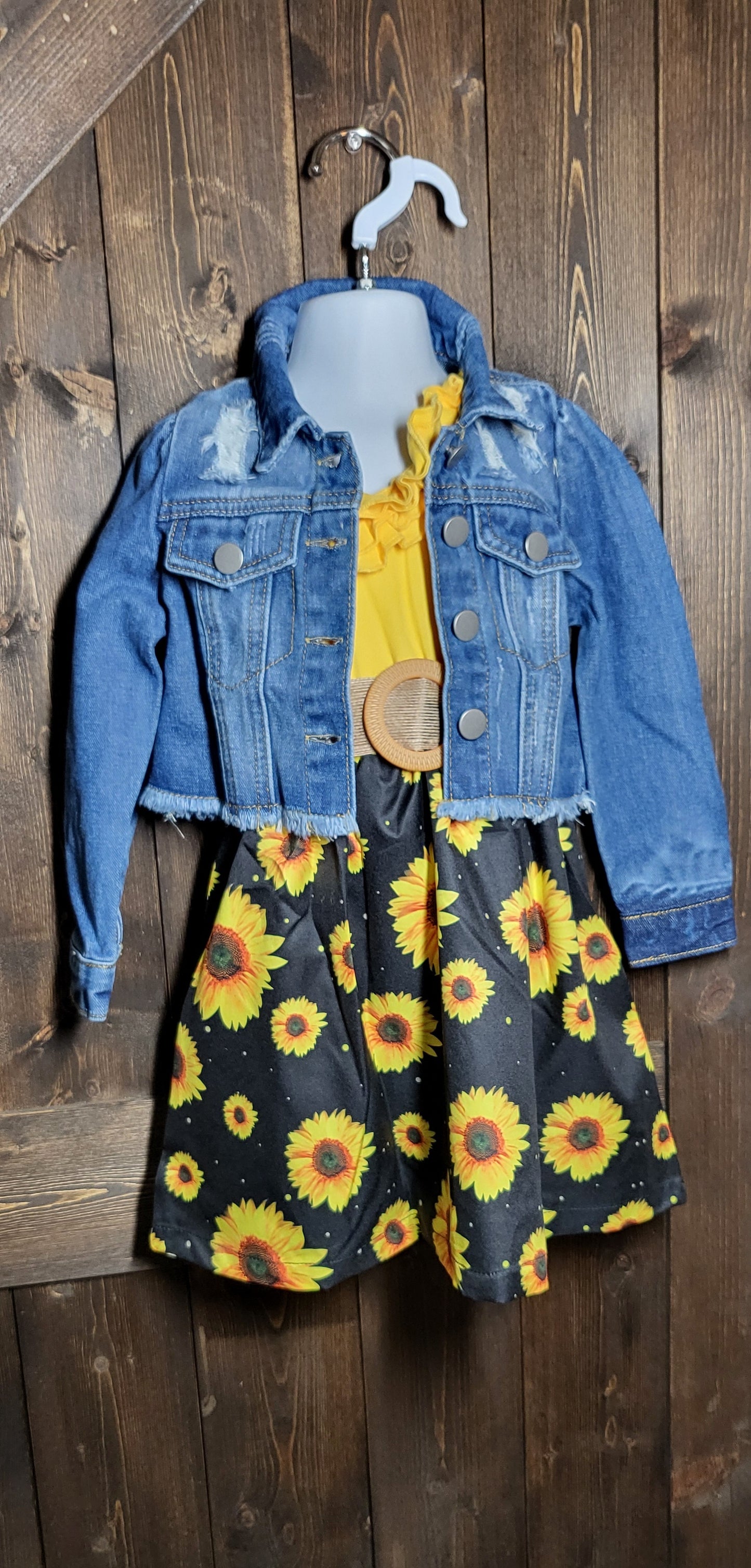 Girls dress in cowprint, sunflower, or watermelon and cropped jean jacket