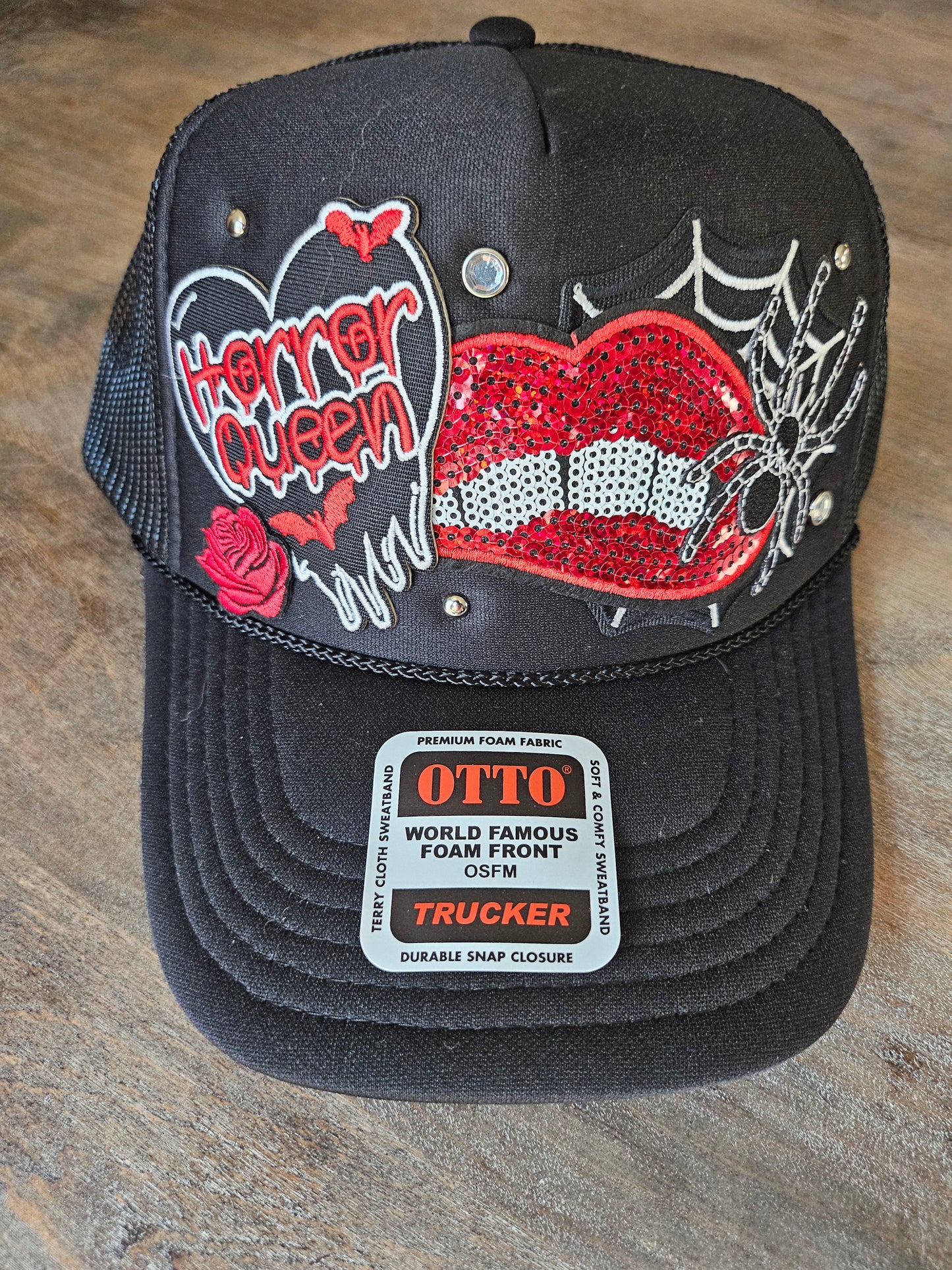 Halloween custom trucker hat with rhinestone studs