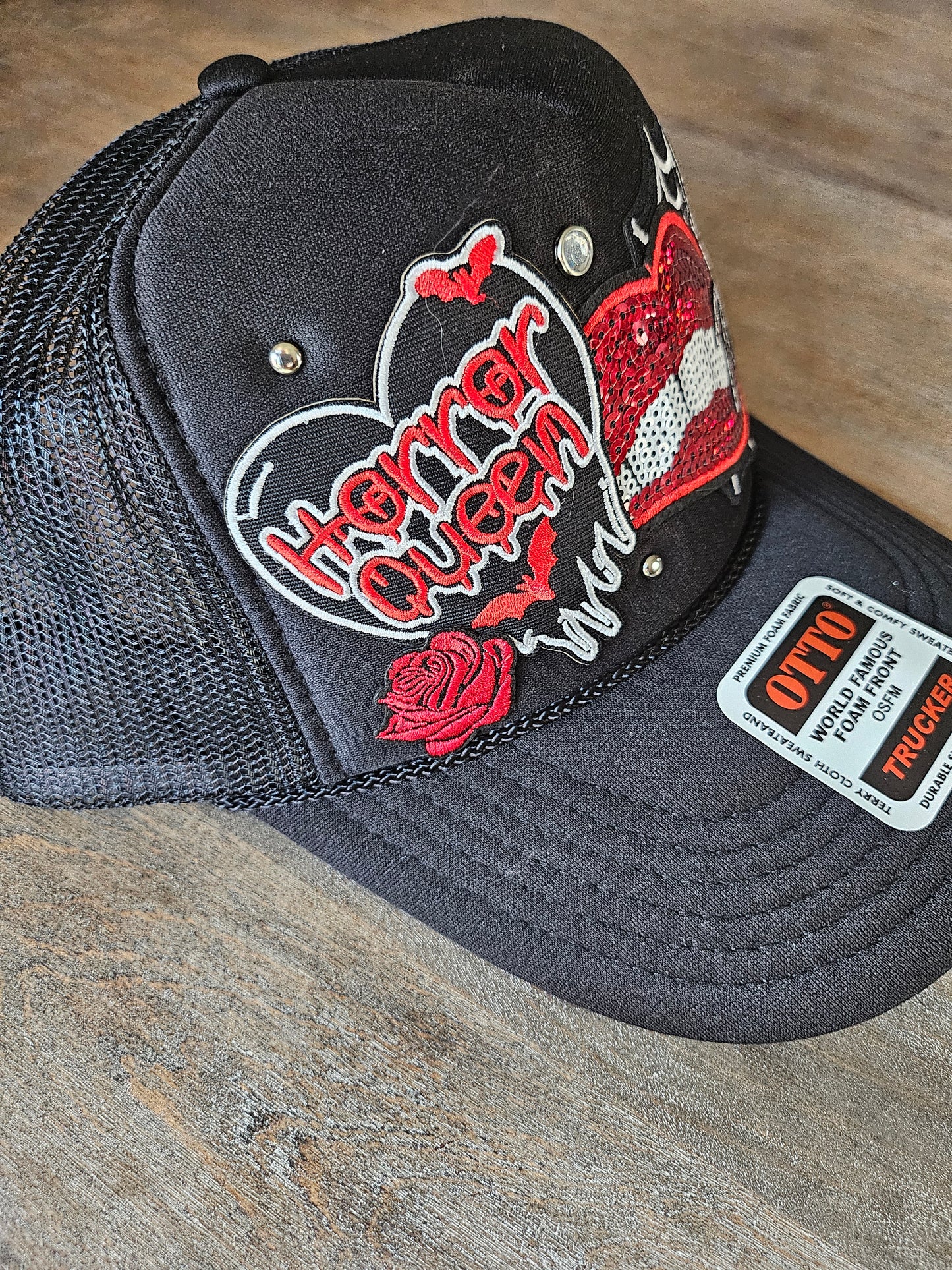 Halloween custom trucker hat with rhinestone studs