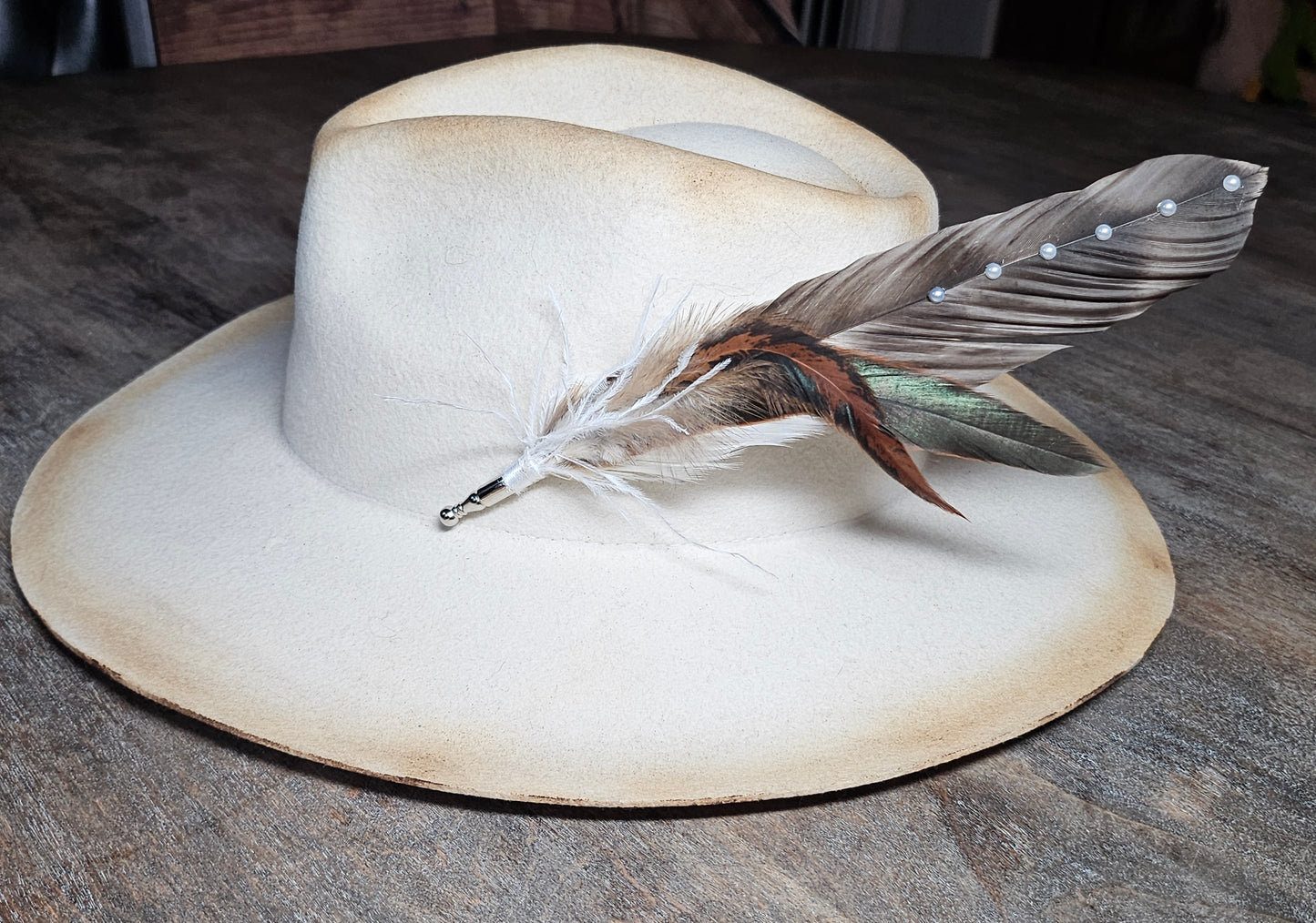 Genuine feather and pearls hat pin brooch