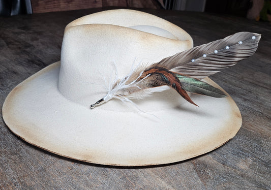 Genuine feather and pearls hat pin brooch