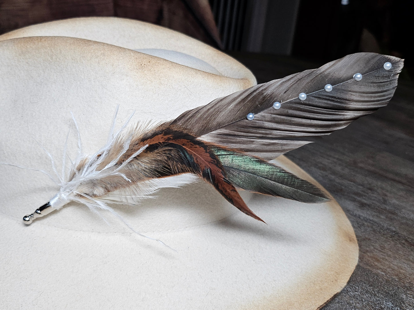 Genuine feather and pearls hat pin brooch