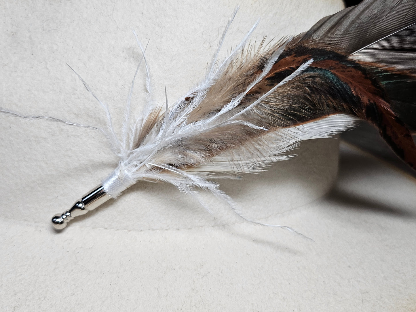 Genuine feather and pearls hat pin brooch