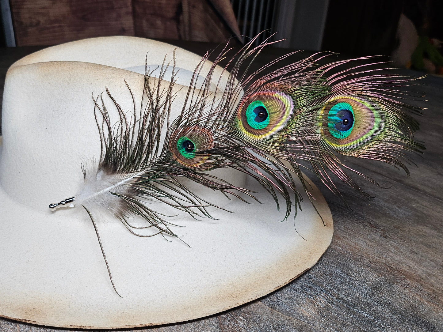 Genuine peacock feather hat pin brooch