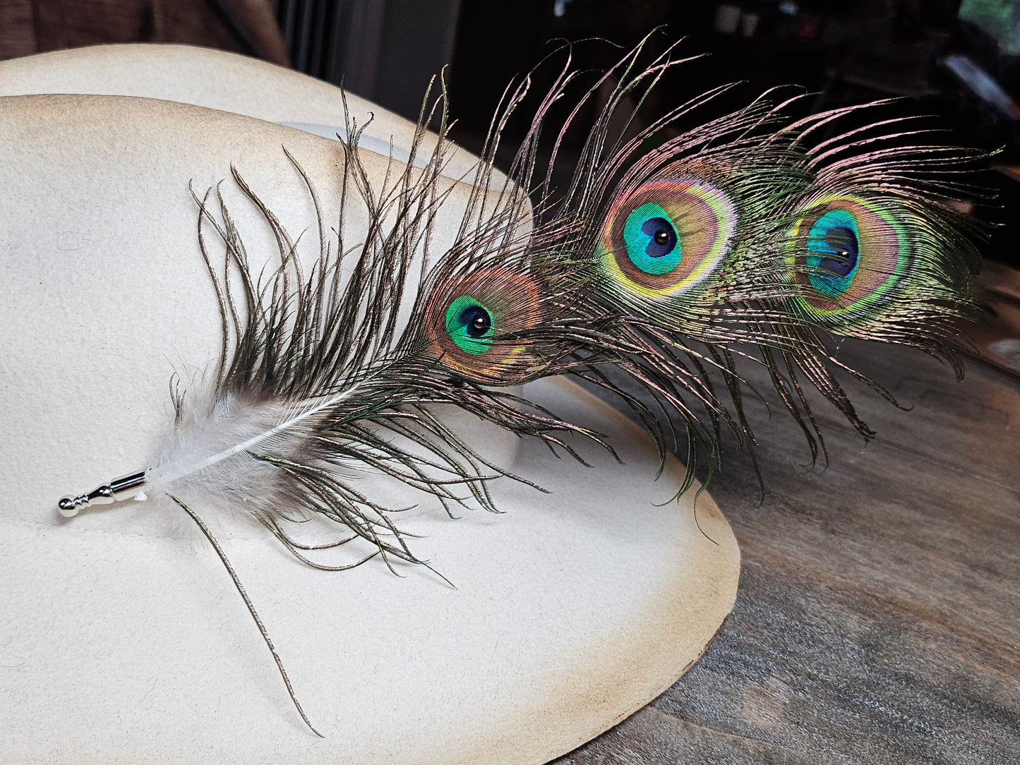 Genuine peacock feather hat pin brooch