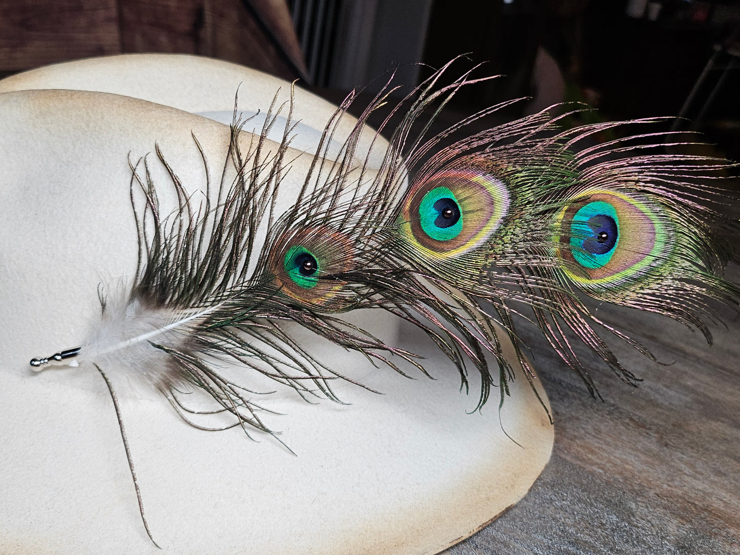 Genuine peacock feather hat pin brooch