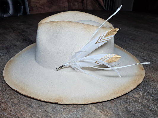 Genuine gold tipped feather hat pin with ostrich quills