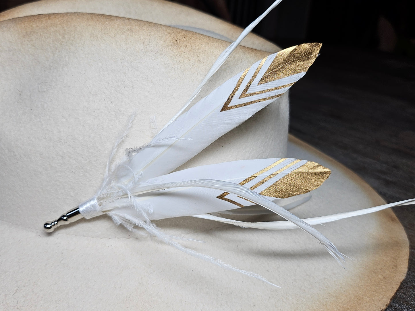 Genuine gold tipped feather hat pin with ostrich quills