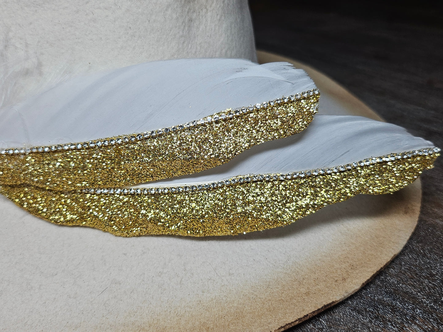 Genuine gold glitter and rhinestone feather hat pin