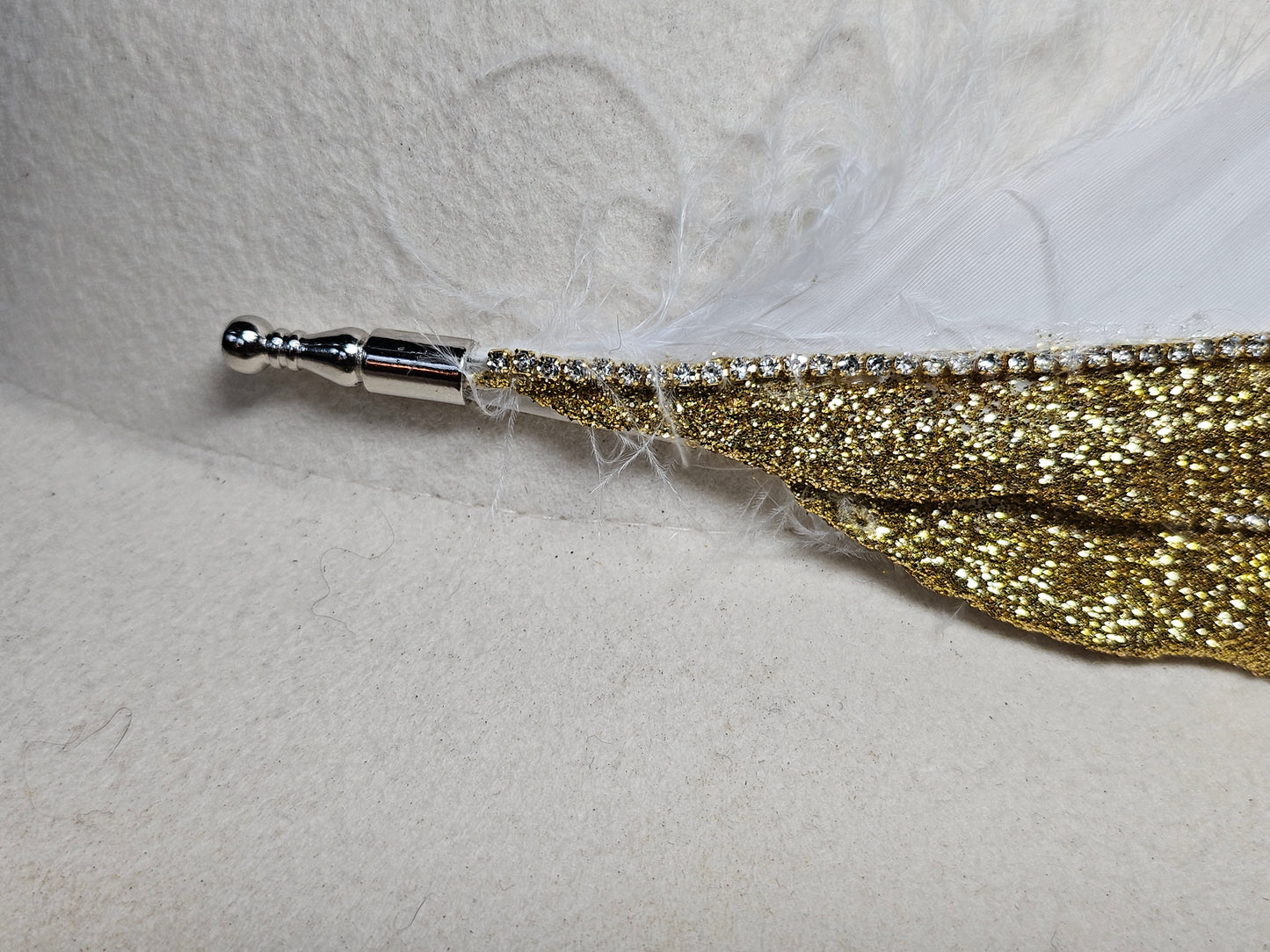 Genuine gold glitter and rhinestone feather hat pin