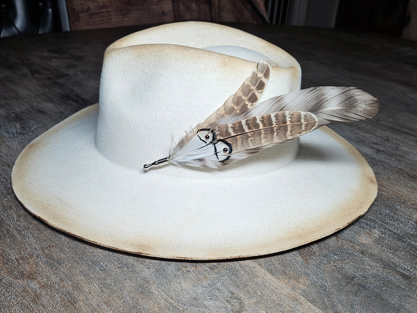 Genuine feather hat pin brooch accented with brown pearls