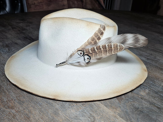 Genuine feather hat pin brooch accented with brown pearls