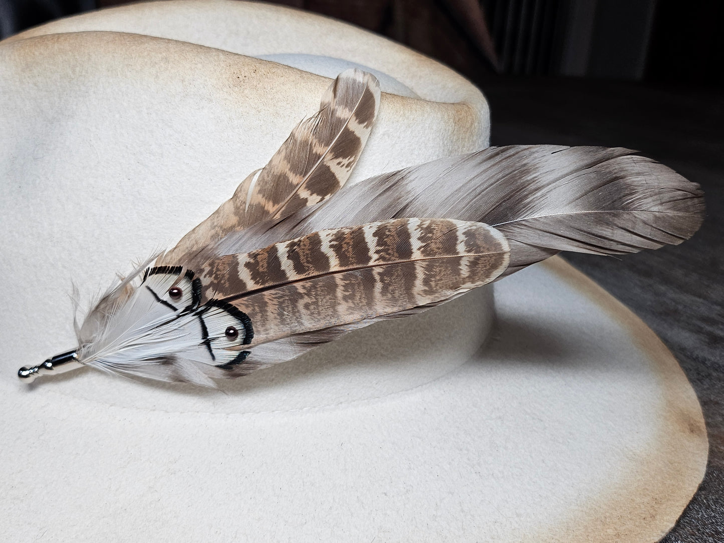 Genuine feather hat pin brooch accented with brown pearls