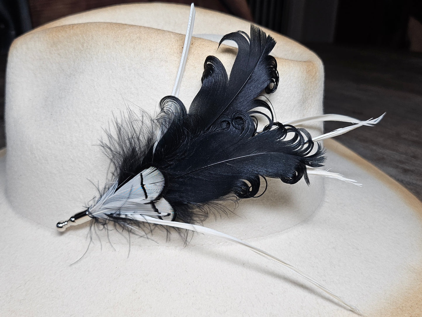 Genuine black and white ostrich feather hat pin brooch