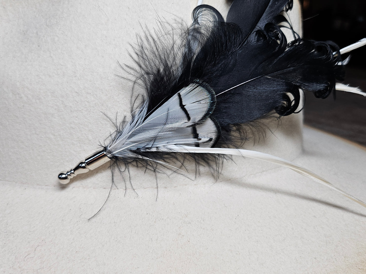 Genuine black and white ostrich feather hat pin brooch