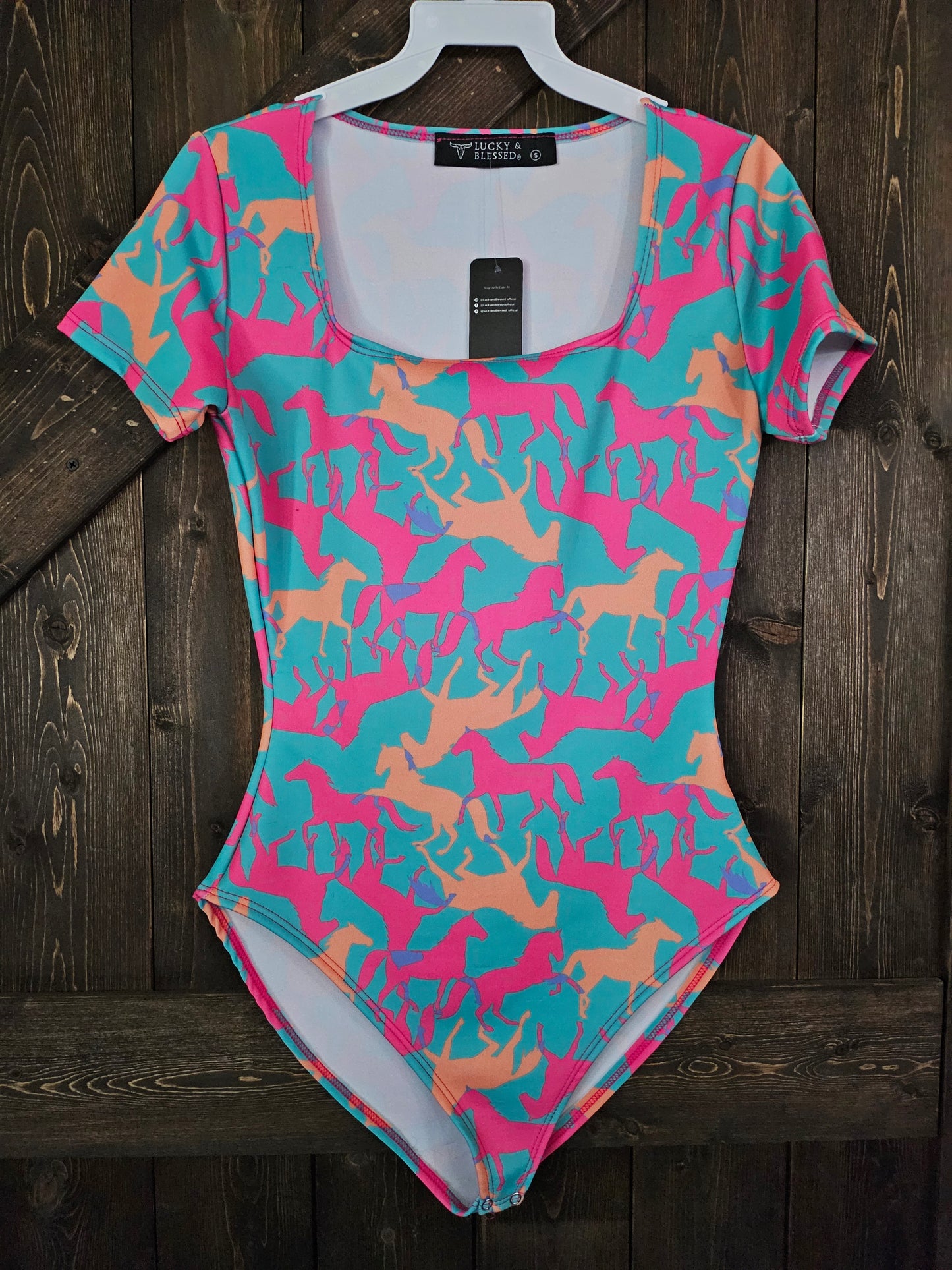 Turquoise Contrast Horse Square Neckline Printed Bodysuit