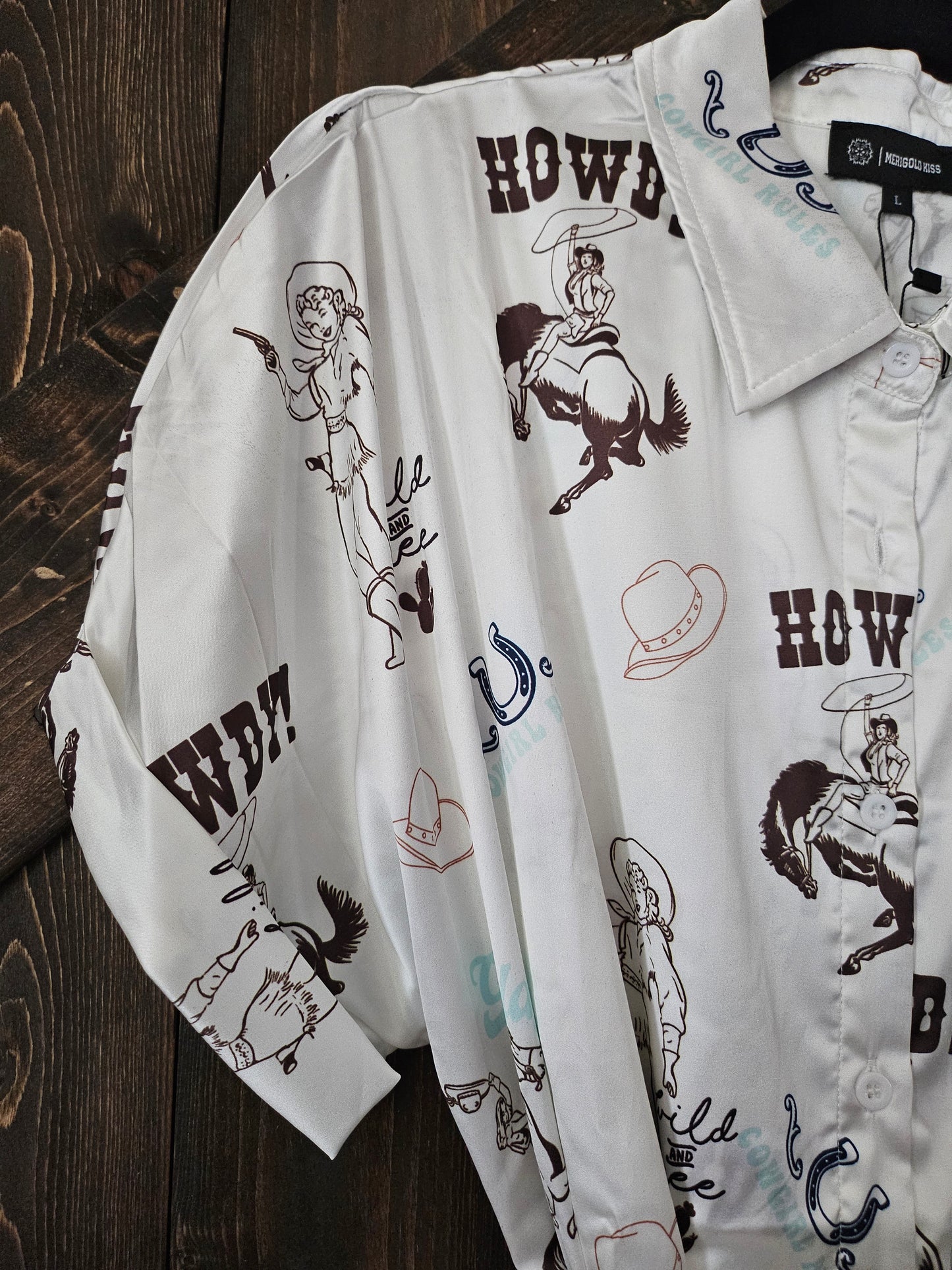 White Cowgirl Satin Shirt Romper Dress