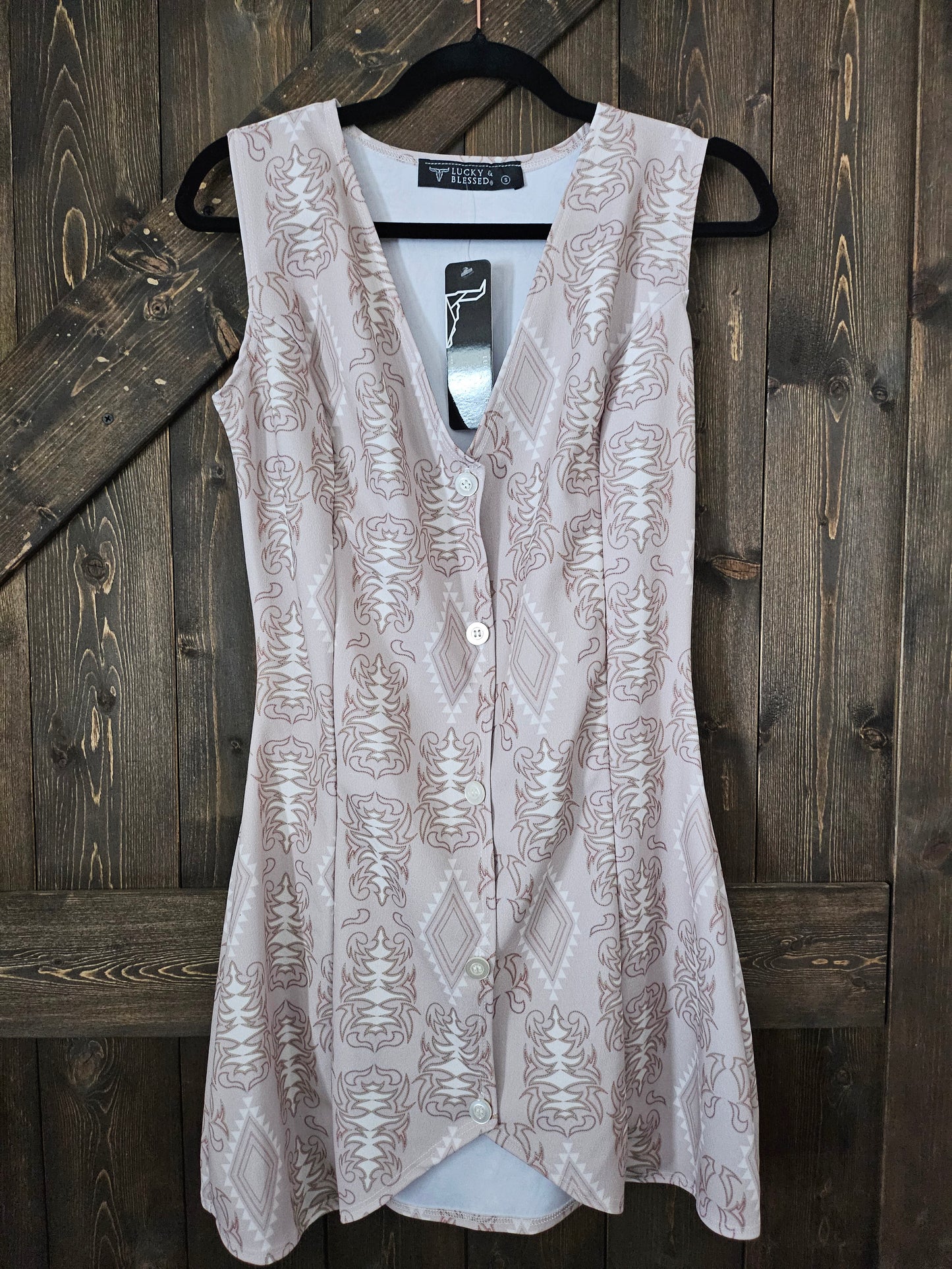 Ivory Beige Boot Stitch Printed Vest Sleeveless Button Down Dress