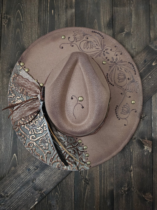Fedora-Style Cowboy Hat Hand Burned With Genuine Leather