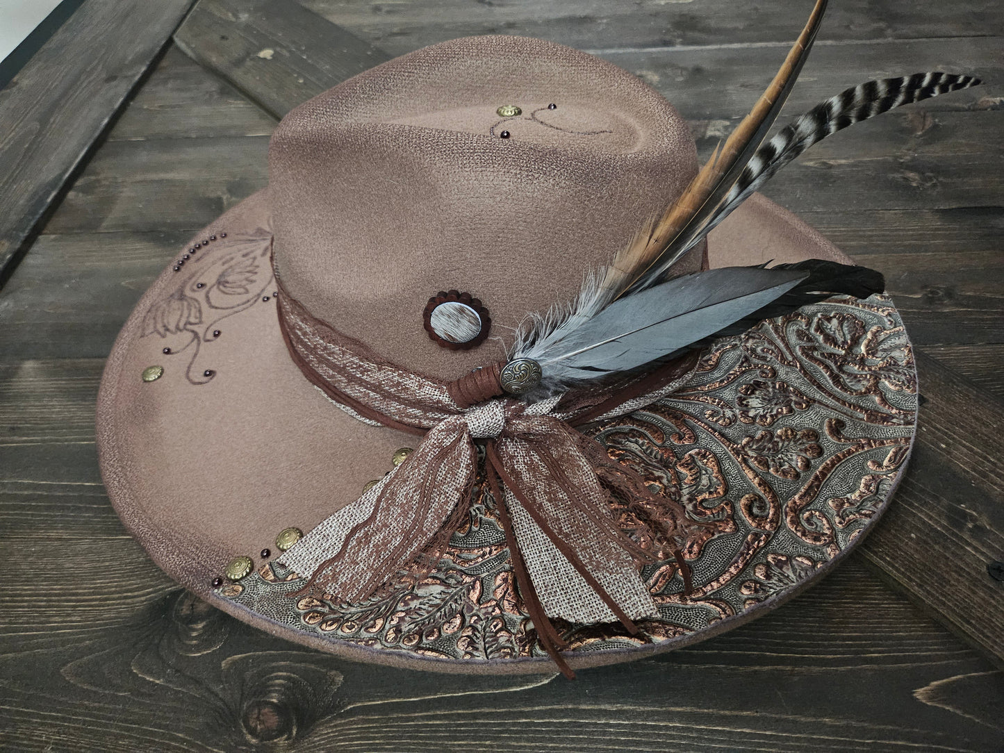Fedora-Style Cowboy Hat Hand Burned With Genuine Leather