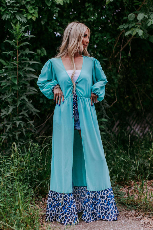 Western Turquoise Chiffon Duster with Leopard Print Ruffle Hem