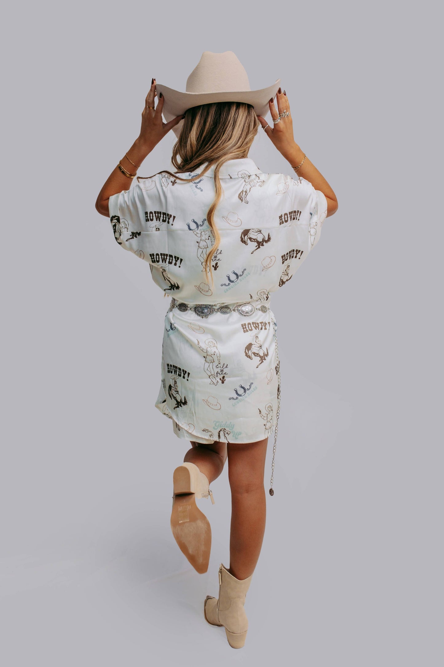 White Cowgirl Satin Shirt Romper Dress