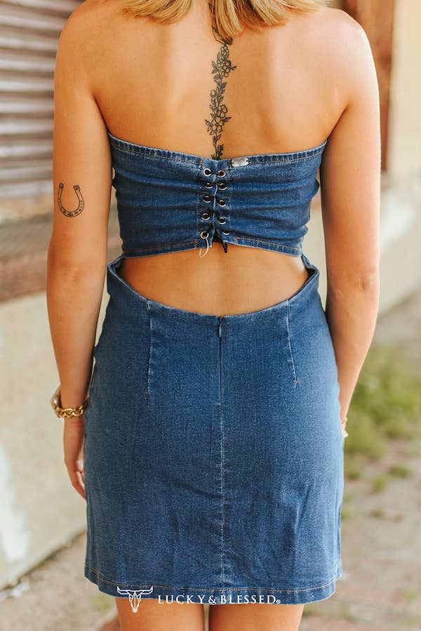 Mid Wash Stretch Denim Boot-stitch Corset Dress