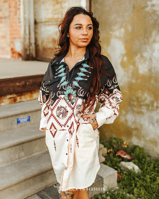 LUCKY & BLESSED - Black Ombre Horse Aztec Button Down Collared Dress.