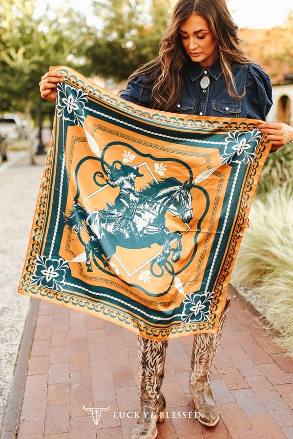 Mustard Jade Cowgirl Horse Printed Wild Rag Scarf