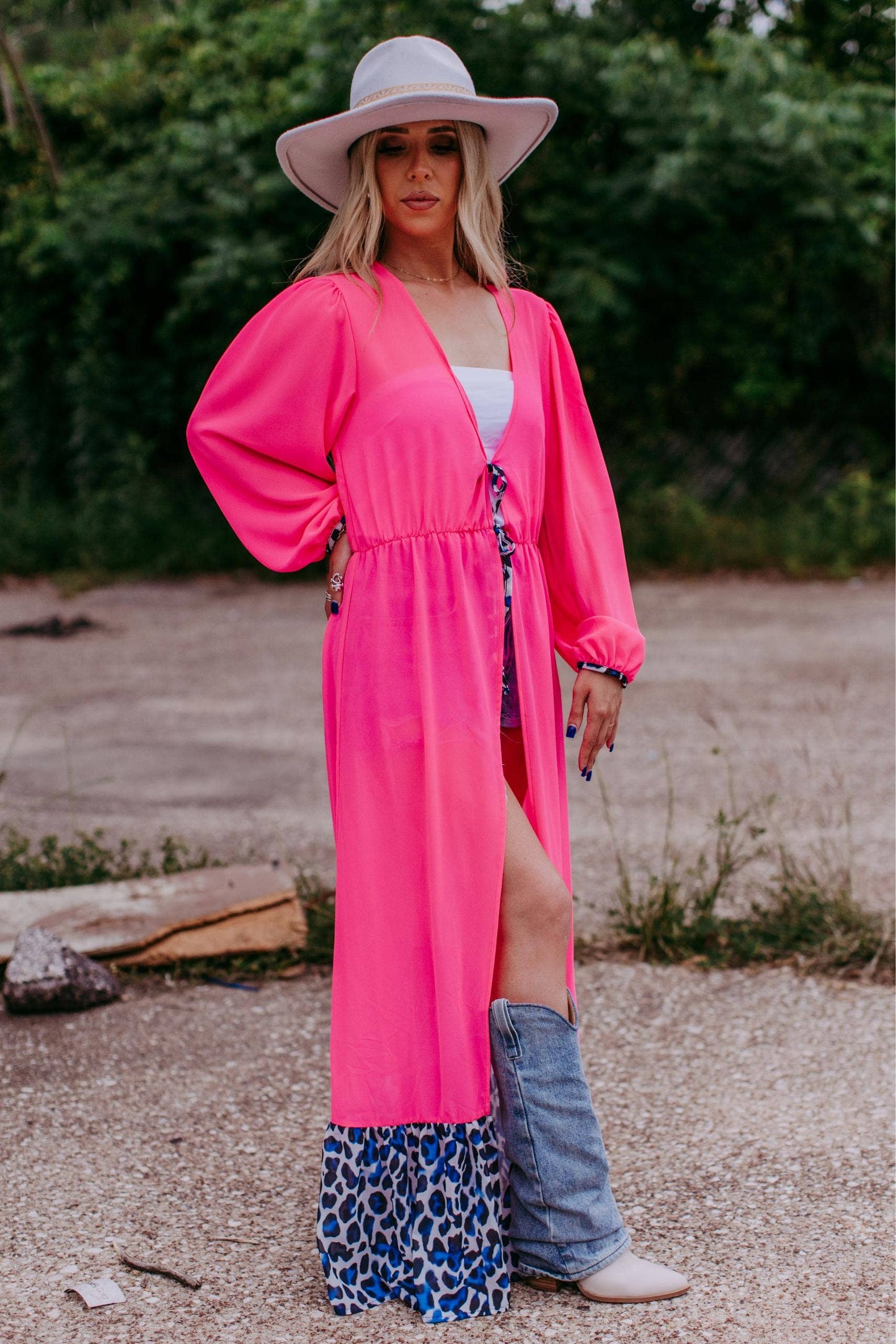 Western Pink Chiffon Duster with Leopard Print Ruffle Hem