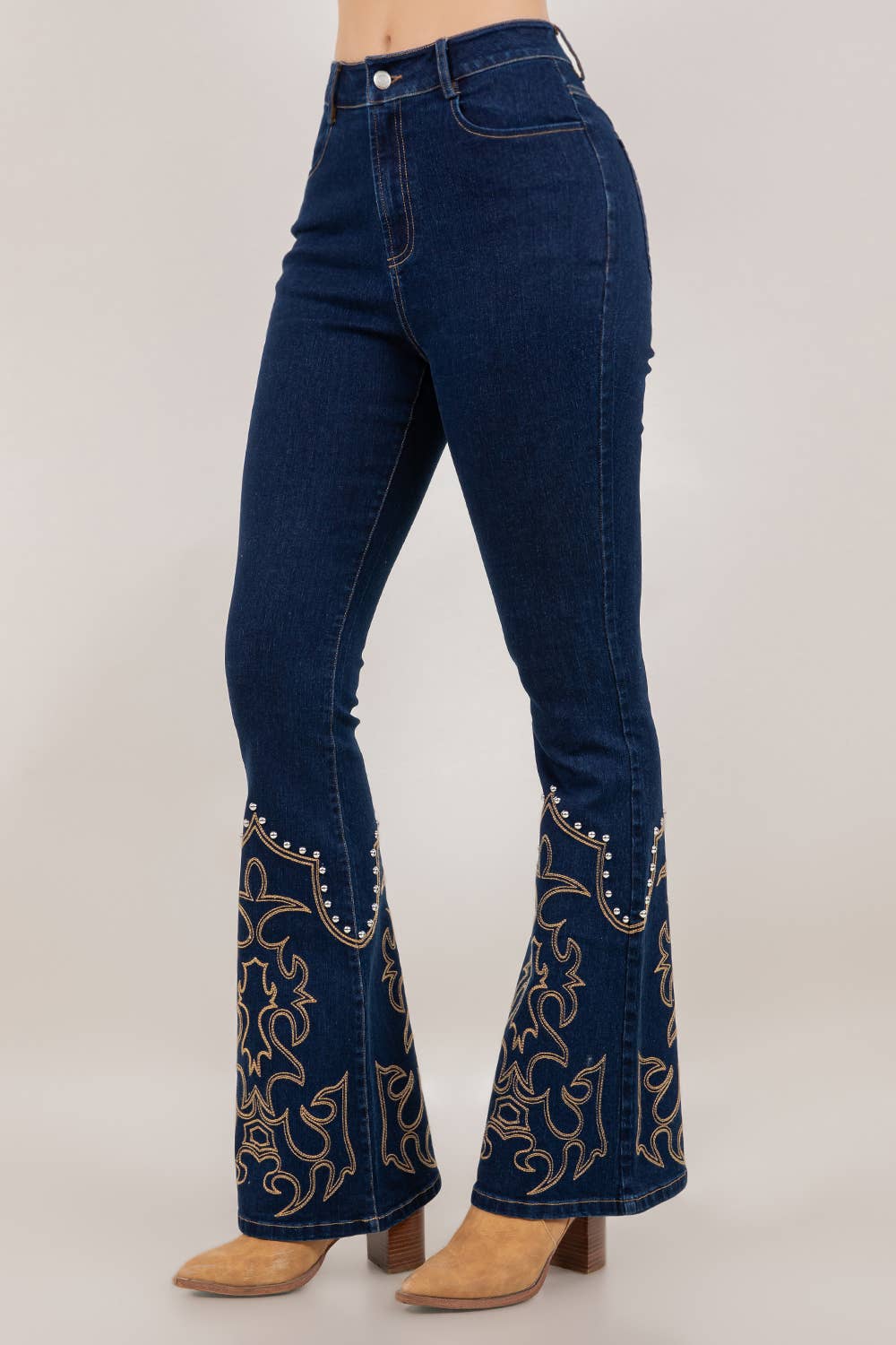 DARK BLUE  WESTERN  DENIUM JEANS WITH EMROIDERED BOOT STITCH AND STUD DETAIL