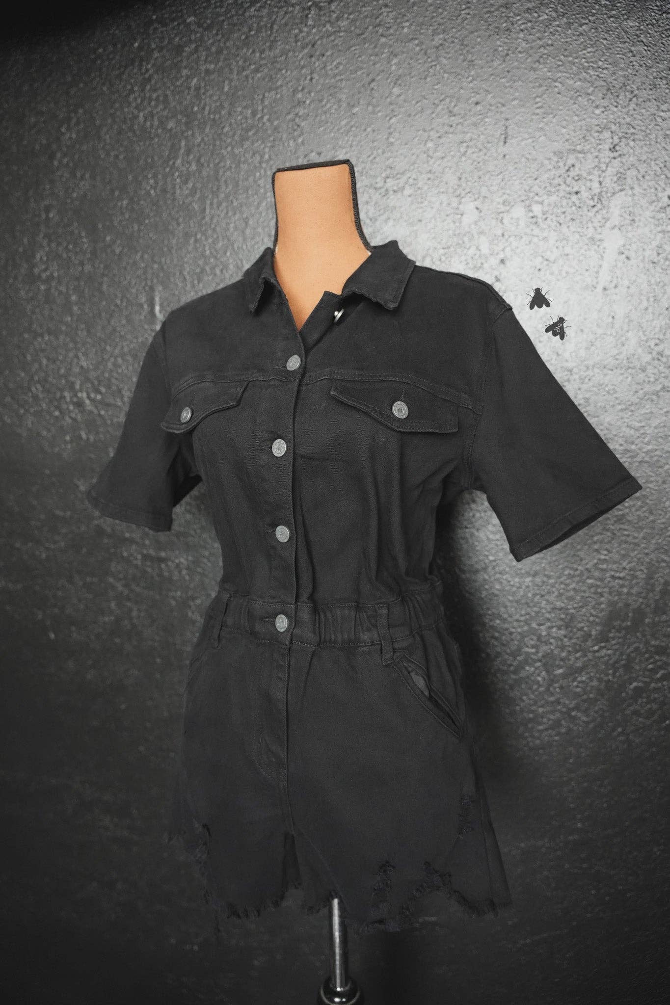 Black Denim Reckless Romper in Midnight